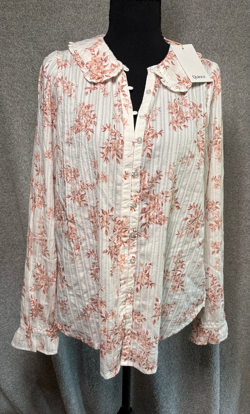 NWT Quince M Organic Cotton Floral Ruffle Pintuck Blouse